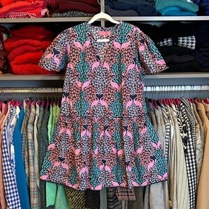 Simply Southern pink/teal flamingo print short sleeve drop waist dress size S